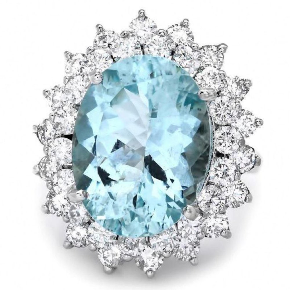 9.80Ct Natural Aquamarine & Diamond 14KW Gold Ring